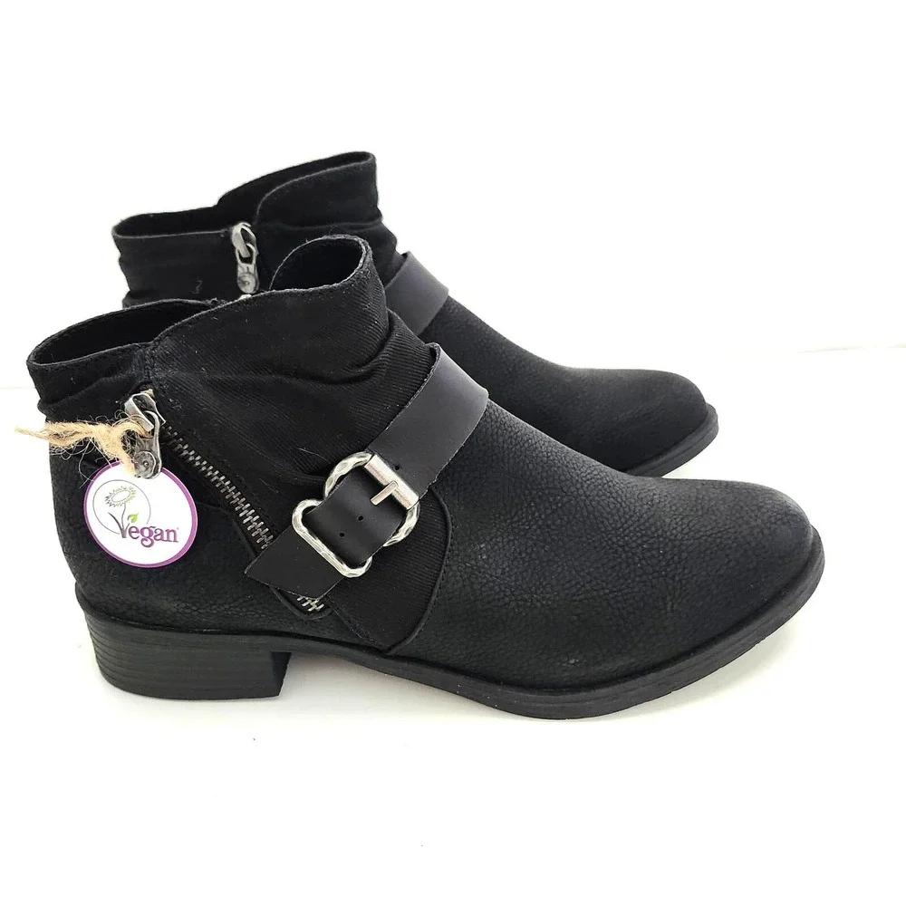 Blowfish Malibu Ankle Boots Black Vegan Leather Buckle Zipper Womens 7
